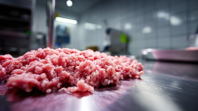 Minced Meat Preparation: A close-up shot presents a pile of raw, minced meat, the texture emphasized on a clean, metal surface, hinting at the culinary process.