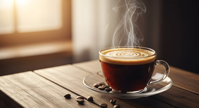 A cup of coffee with steam on a saucer with coffee beans on a wooden table - Powered by Adobe