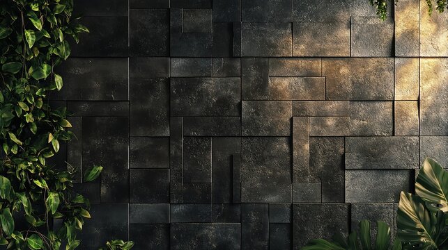 Dark textured wall with geometric patterns and green foliage, illuminated by a warm light