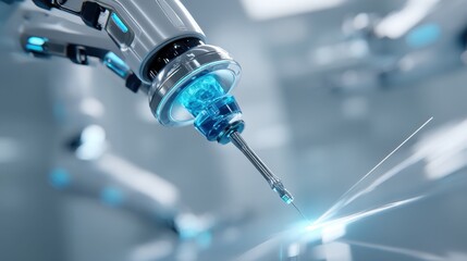 Advanced robotic arm performing precise tasks in a futuristic laboratory setting with blue glowing elements and high-tech tools