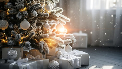 Enchanting holiday centerpiece, a snow-dusted Christmas tree illuminated with warm lights, creates a joyful and cozy ambiance with festive presents below
