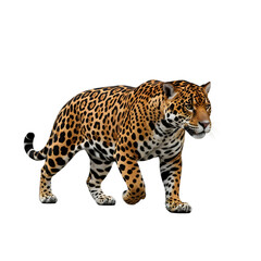Obraz premium A jaguar with a spotted coat walking on a white background.