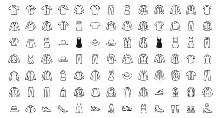 Fashion and Apparel Outline Icon Set Variety of Clothing Styles Jackets Shirts Dresses Hats and Shoes Line Art Design for Fashion Illustration and E Commerce