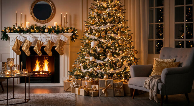 Elegant living room interior with a fireplace, hanging stockings, beautifully decorated Christmas tree in gold and white tones, wrapped gifts under the tree, glowing firelight creating a cozy 