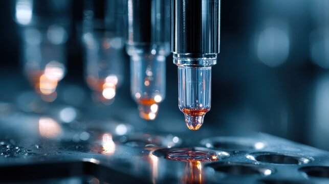 Precision Engineering in Laboratory Setting with Close-Up of Pipette Tips in Motion and Droplet Formation in Scientific Research Environment