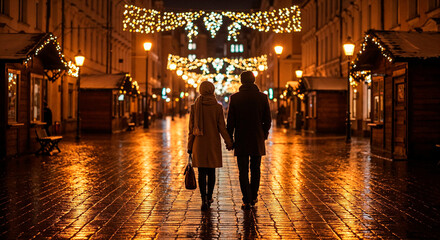 Couple walking hand in hand down a festive street at night, warm lights hanging above, soft rain reflecting golden tones on cobblestone, both wearing coats and scarves, romantic cinematic winter atmos