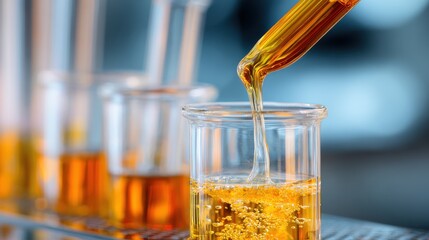 Laboratory Experiment with Liquid Flowing from Pipette into Beaker, Chemistry Glassware, Bright Colorful Solutions in Modern Science Environment