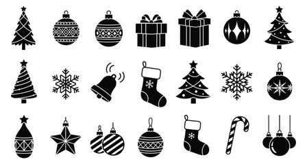 Set of black and white Christmas festive icons conveying holiday cheer and winter celebration featuring trees ornaments gifts snowflakes bell stocking candy cane decorations