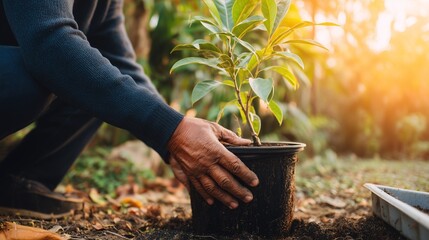 Hands planting young tree in soil during gardening and reforestation activity