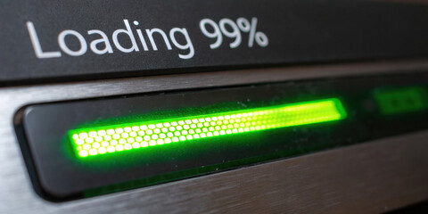 Loading progress bar on screen shows ninety nine percent complete with anticipation. This interface indicator for search engine shows good seo during download