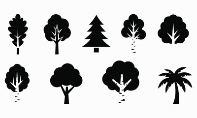 Set of different tree vector icons in black color depicting various tree types including deciduous and evergreen trees on a white background design element for nature and landscape