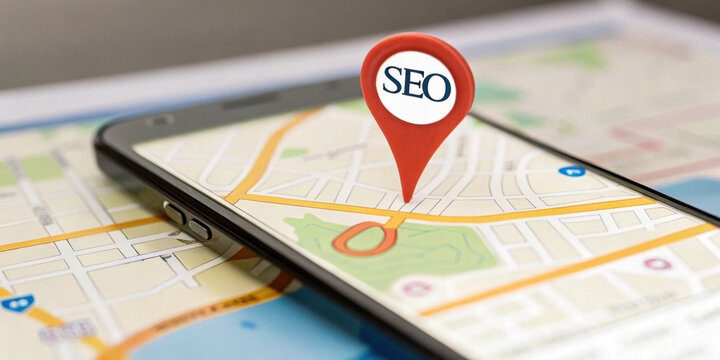 Local seo marketing for business on smartphone using search engine optimization. red pin on digital map marks location to improve online search visibility and get found