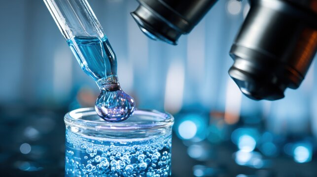 Close-up of laboratory equipment with pipette dropping blue liquid into a glass container, showcasing chemical reactions and vibrant colors in science exploration