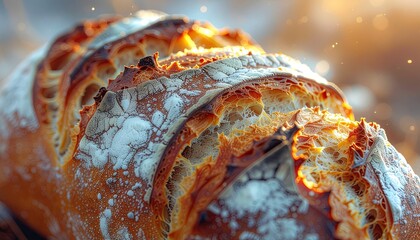 Artisan Sourdough Bread With Golden Crust Dusted With Flour In Warm Morning Sunlight