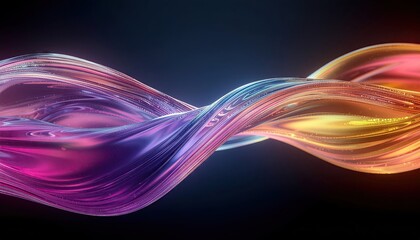Abstract flowing digital wave of colorful particles in a gradient of pink purple and yellow against a dark background representing data flow and technology
