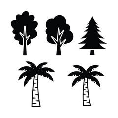 Tree Silhouette Collection Vector Illustration of Deciduous Coniferous and Palm Trees for Garden Design or Tropical Landscape Elements