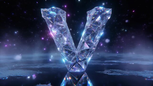 Abstract 3D Crystal Letter V in Dark Space Background