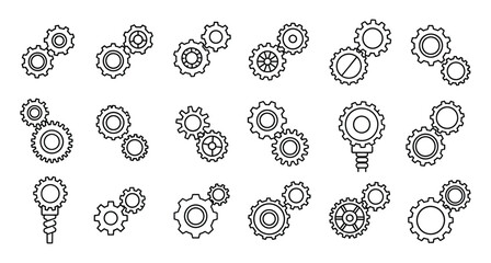 Vector set of various gear combinations depicting different mechanisms and machine components for engineering and technology projects on a clean white background