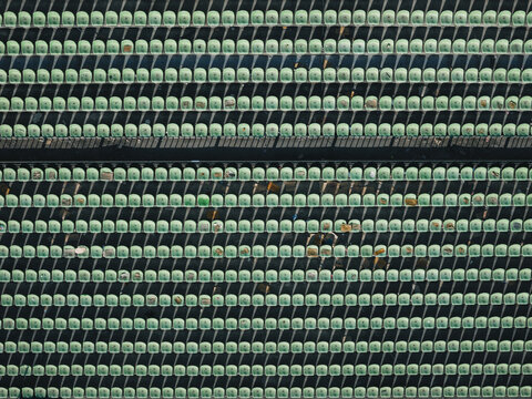 Aerial view of rows upon rows of seating create a mesmerizing pattern of textures and tones, Thimphu, Bhutan.