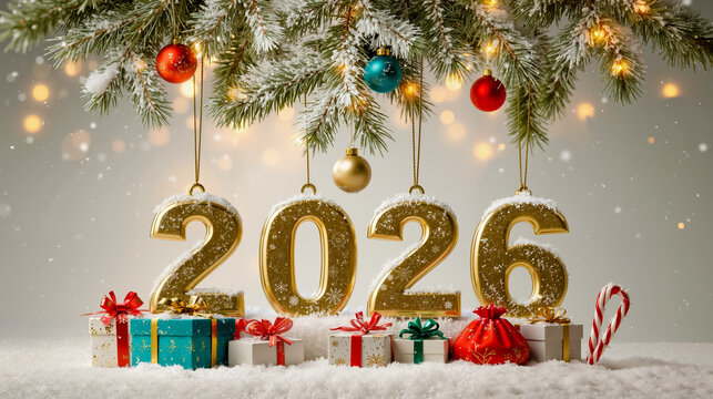 A festive Christmas scene featuring a tree with ornaments a snowy ground and a large number 2026 in the center - Powered by Adobe