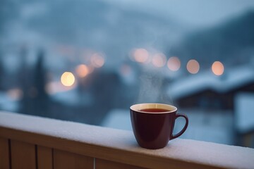 Obraz premium Cozy evening tea mountain village photography winter wonderland close-up view warmth and comfort