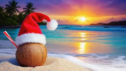 Festive coconut in a santa hat on a tropical beach at sunset. Christmas holiday vacation concept for a warm winter getaway to a paradise island destination