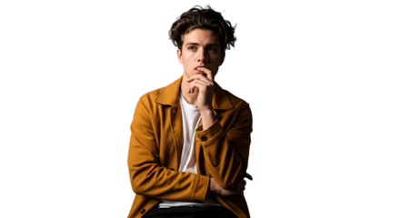 Contemplative Young Man in Casual Fashion Posing on Black Background Seeking Inspiration and Thinking About Ideas Representing Modern Lifestyle and Portrait Photography with Space for Text