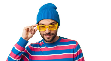 Fototapeta premium Confident bearded man with colorful striped shirt and blue beanie adjusting yellow frame sunglasses against a stark black background looking forward with playful expression fashion concept