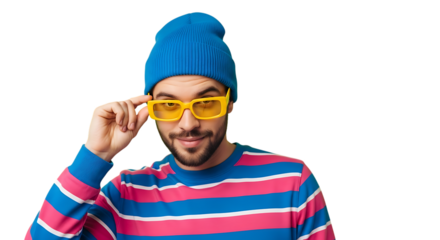 Confident bearded man with colorful striped shirt and blue beanie adjusting yellow frame sunglasses against a stark black background looking forward with playful expression fashion concept