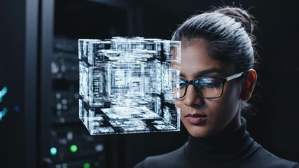 Woman emerging from digital particles to interact with holographic cube. Futuristic cyber interface activation. Virtual reality and advanced technology concept in cinematic sequence. - Powered by Adobe