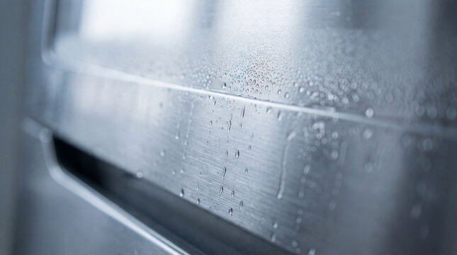 Macro texture of wet metal with water droplets and soft reflections.