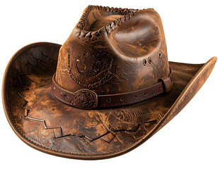 Distressed leather western hat with ornate buckle and embossing