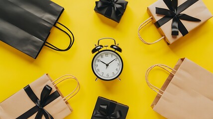 Black friday shopping concept. Top view photo of black alarm clock paper bags and gift boxes with ribbon bows on isolated yellow background.