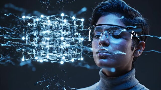 Woman interfacing with emerging holographic grid on her face. Augmented reality sequence showing digital overlay building from particles to full virtual connection. Futuristic technology and neural
