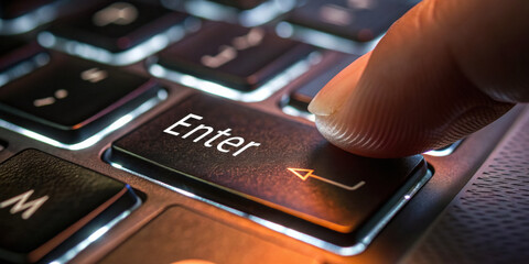 Determined finger pressing black enter key on computer keyboard an action representing final search command for search engine crucial step for seo