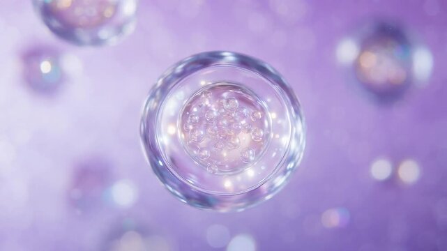 紫色に輝く美容分子がゆったりと上下に浮かぶ高品質ループ動画。透明感と高級感を感じさせる美容・スキンケア成分のイメージ。
A seamless loop animation of glowing purple cosmetic molecules gently floating up and down, expressing transparency, luxury, and premium