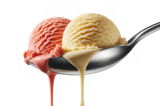 Two scoops of melting ice cream on a spoon isolated on a transparent background - Powered by Adobe