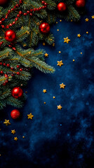 A digital artwork depicting a Christmas tree with red ornaments and a string of red beads set against a starry night sky with yellow stars