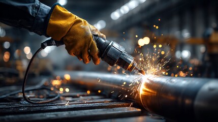 Worker thaws frozen metal pipe using a welding torch in an industrial setting