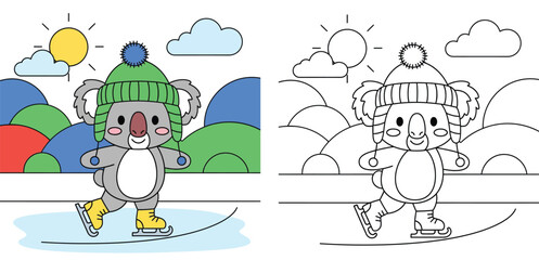 Coloring book page for kids with cute cartoon koala ice skating on frozen lake in winter mountains landscape vector illustration outline and color version