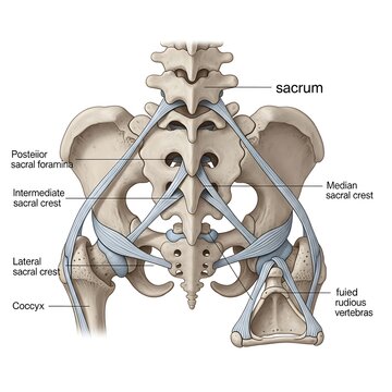 Labeled Human Pelvis and Sacrum Anatomy with Ligaments