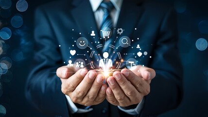 Businessman touching virtual touchscreen button for digital connection