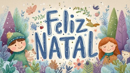 Whimsical holiday greeting card with playful drawn "Feliz Natal" lettering in Portuguese