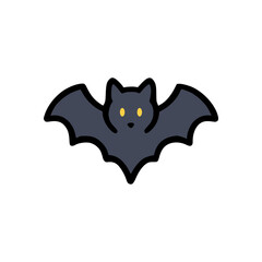 Cute dark grey bat with wide wings and bright yellow eyes in clean minimalist flat illustration style on white background