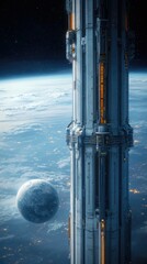 Obraz premium A colossal, futuristic space elevator tower extends upwards from Earth's orbit, with a large moon visible in the background. The scene is illuminated by the sof