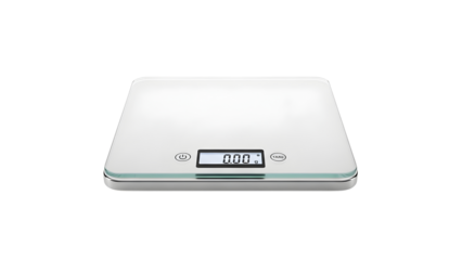 Modern white digital kitchen scale with glass surface and White background