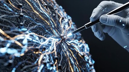 Robotic gloved hand probing glowing neural network structure with energy sparks. Futuristic activation of digital brain core in cyber interface. Sci-fi technology concept for virtual reality and AI - Powered by Adobe