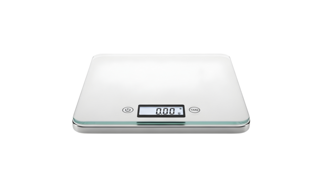 Modern white digital kitchen scale with glass surface and White background