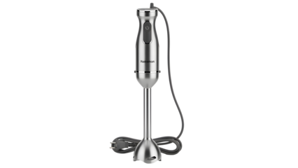 Modern stainless steel immersion blender on a White background