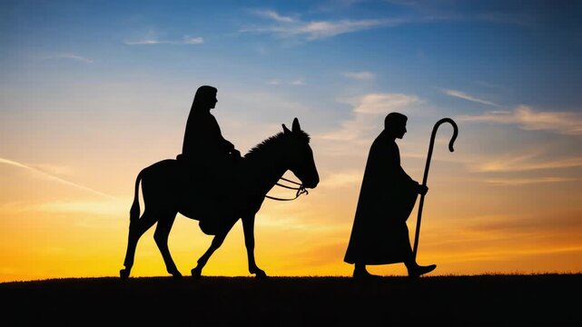 Silhouette of mary riding a donkey and joseph walking on their journey to bethlehem. Biblical scene of the holy family traveling at sunset for the nativity story